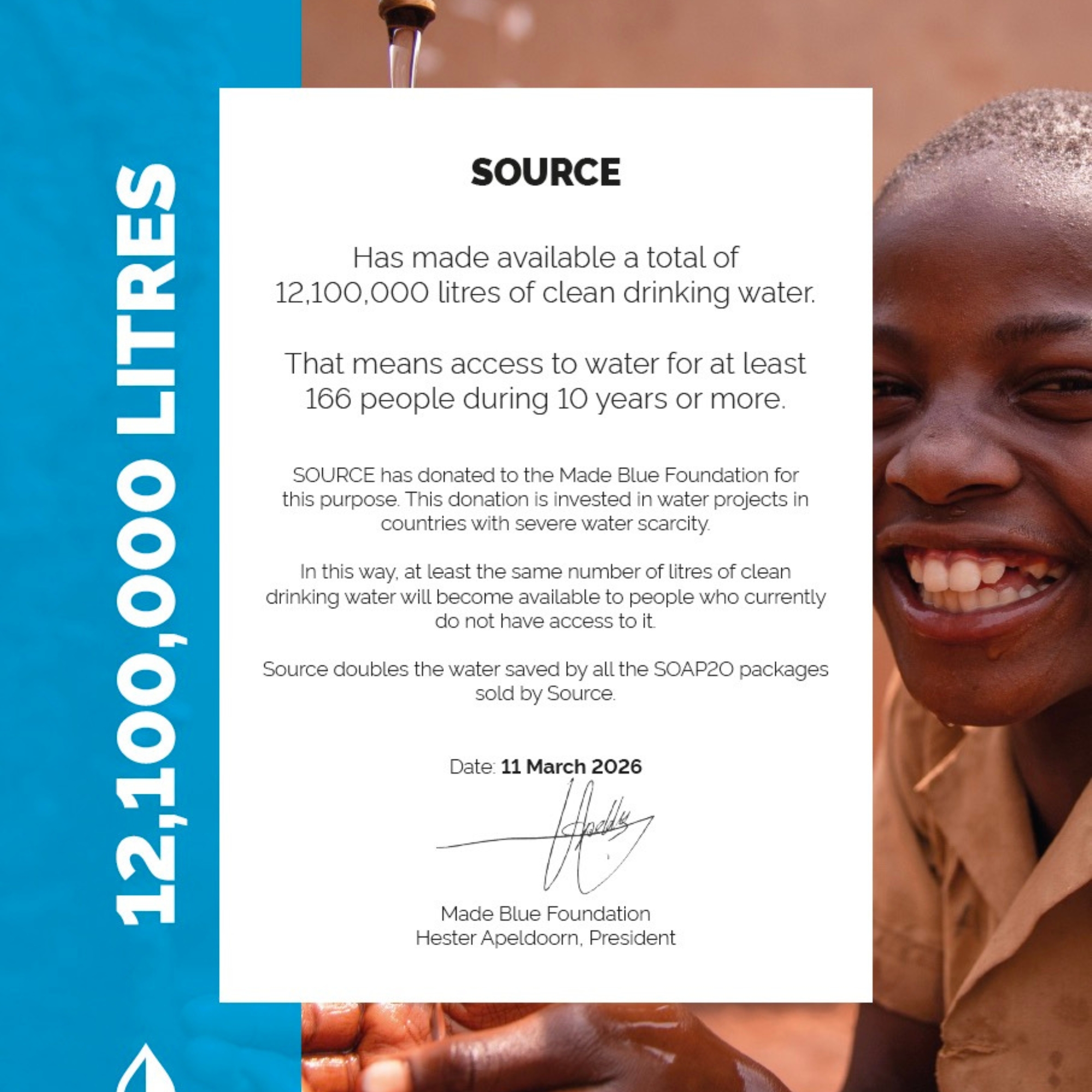 Millions of litres of clean drinking water from Source!